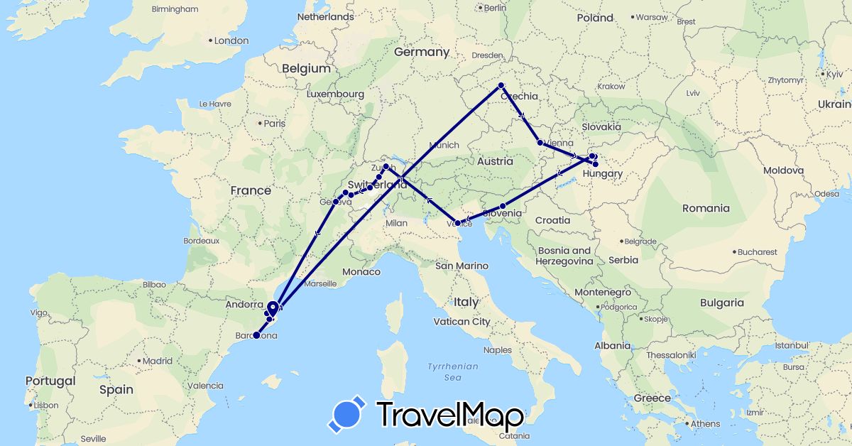 TravelMap itinerary: driving in Austria, Switzerland, Czech Republic, Spain, Hungary, Italy, Slovenia (Europe)